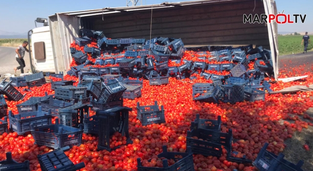 Kahramanmaraş’ta domates yüklü kamyon devrildi: 1 yaralı